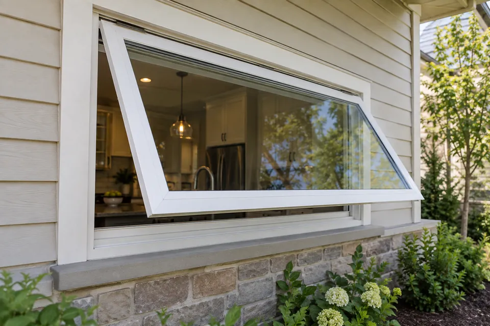 White top-hinged awning window with its bottom edge open outward