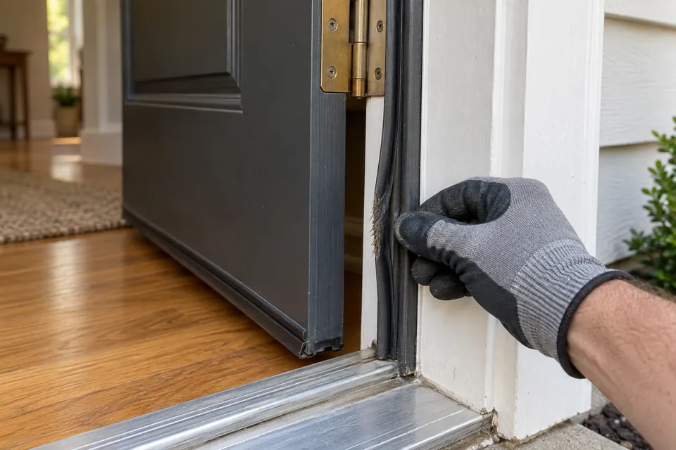 Gloved hand checking worn weatherstrip beside a charcoal exterior door
