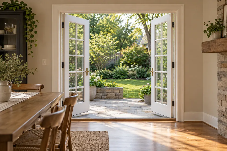 Pair of white hinged French doors opening from a dining room toward a garden