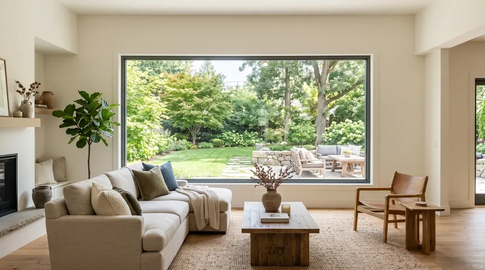 Large fixed picture window overlooking a garden