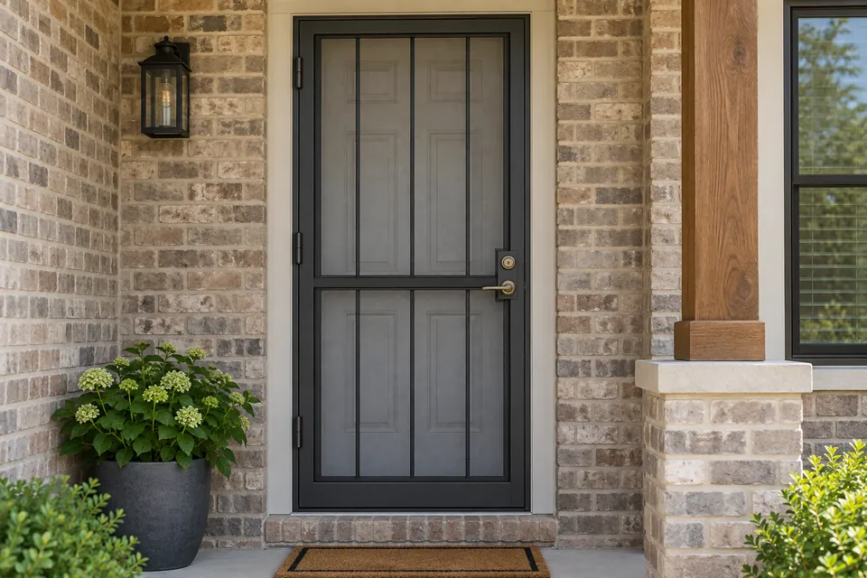 Charcoal steel security screen door with mesh panels and a deadbolt