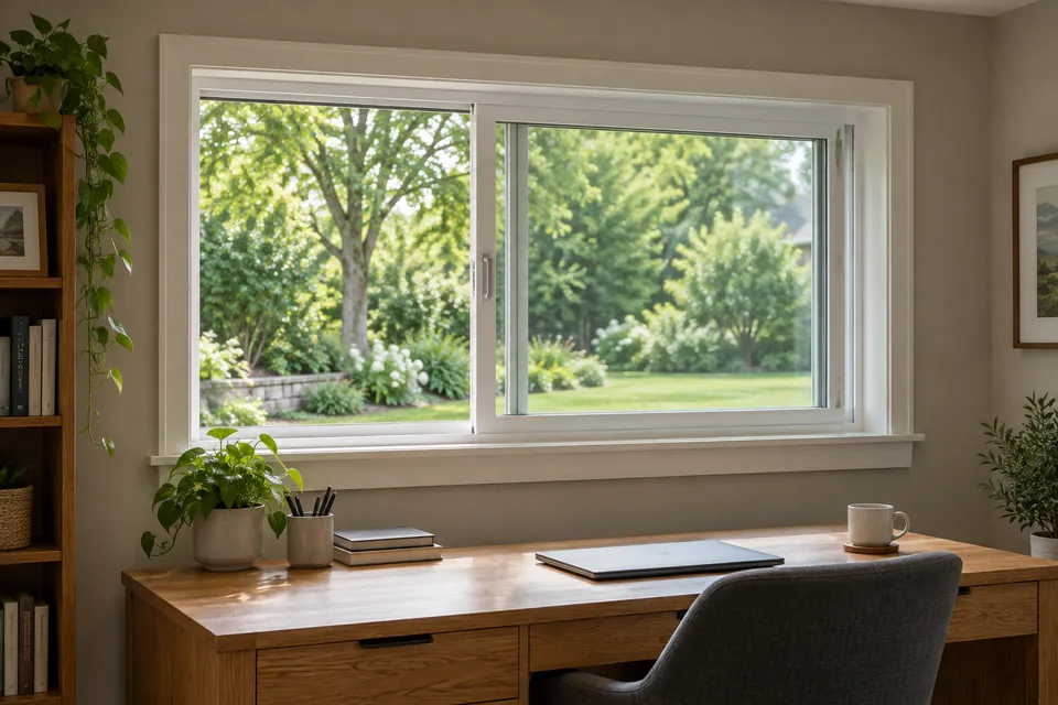 White two-panel horizontal sliding window above an oak desk